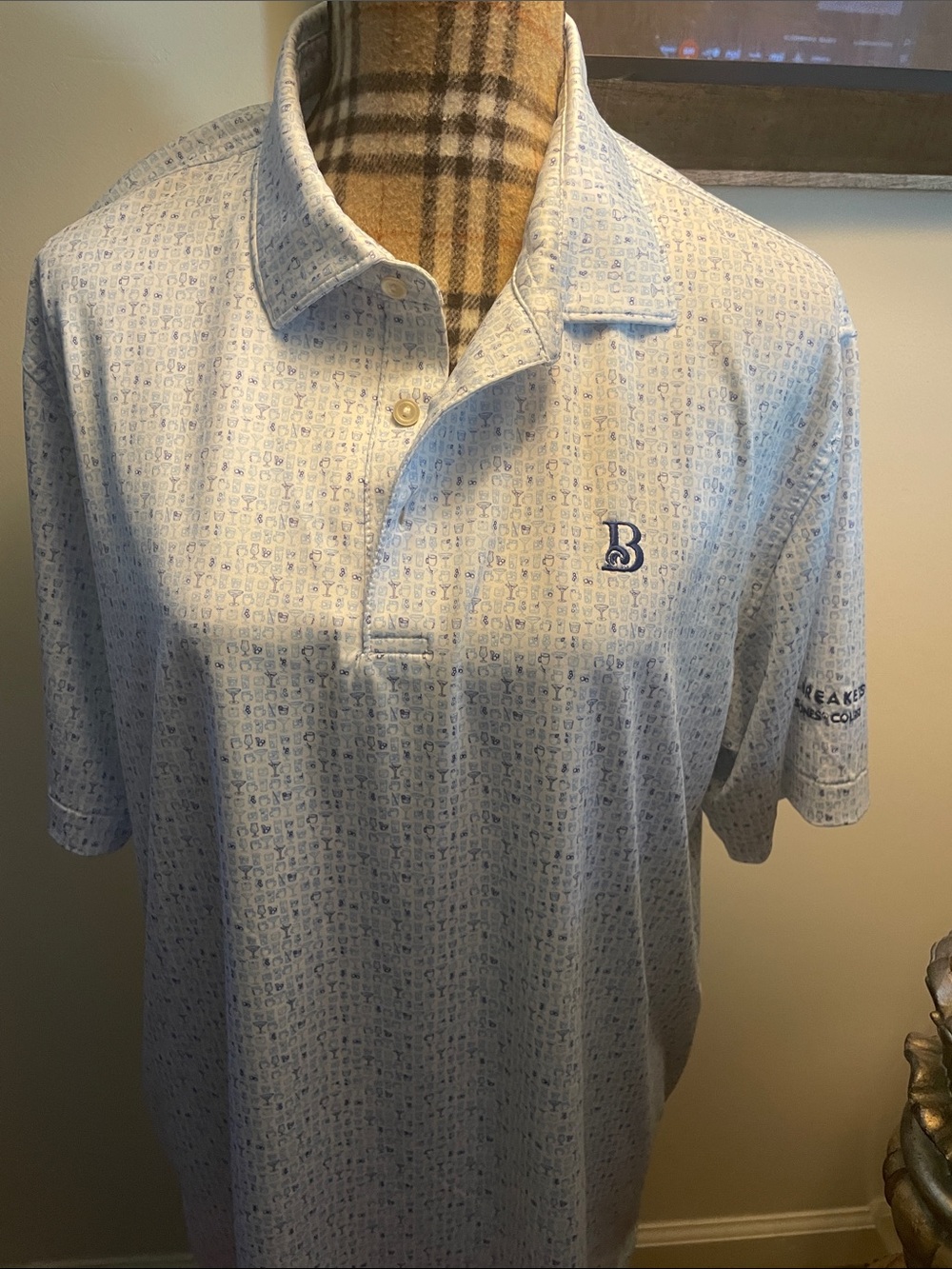 Peter Milan Men's Light Blue Patterned Polo Shirt with Embroidered 'B'